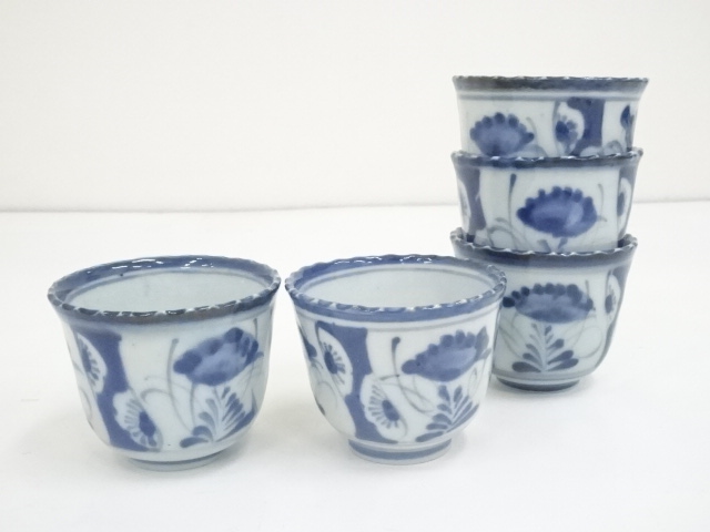 JAPANESE PORCELAIN / TEACUP SET OF 5 / IMARI WARE / UNDERGLAZE BLUE / MEIJI ERA